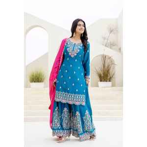 Palazzo de gasa de nuevo diseñador con codificación de secuencia bordada Kurta & Dupatta para ocasiones de fiesta-Disponible para COD - Product Image 1