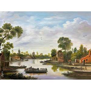 Dipinti a Olio di Paesaggi 100% Fatti a Mano 36x24 Pollici, Classico Campo con Barca sul Fiume e Scenario di Villaggio - Product Image 2