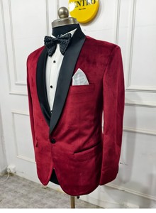 Elegante traje de terciopelo rojo para hombre con solapa de satén negro esmoquin formal para novio o graduación - Product Image 2