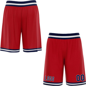 Shorts de basketball respirants en mesh rouge avec bordure bleue et blanche, logo et numéros sublimés, pour jeu en extérieur, unisexe, adulte, coupe régulière, élastique - Product Image 4