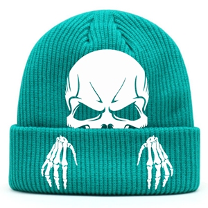 Hombres Mujeres Venta al por mayor Halloween Personalizado jacquard Invierno Tie-Dye Knit Beanie Hat Acrílico Cálido Slouchy Skull Cap con cuero - Product Image 4