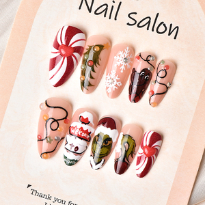 24 Piezas de Uñas Postizas <span class=keywords><strong>con</strong></span> Diseño Navideño de Almendras y Ojos de Gato, Bañadas en Oro, <span class=keywords><strong>con</strong></span> Copos de Nieve y Ciervos - <span class=keywords><strong>Manicura</strong></span> <span class=keywords><strong>Francesa</strong></span> de Alta Gama - Product Image 1