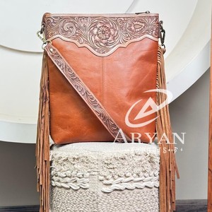 Women's Boho Western Style Fringe Hand Tooled Leather Crossbody Bag Large Capacity Genuine Cowhide Leather Floral Design <b>Handbag</b> - Product Image 1
