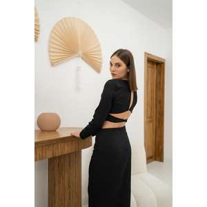 Vestido Tubo Negro al por Mayor con Cintura Natural y Diseño Abotonado - Product Image 2