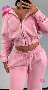 Custom Streetwear Sweatsuit Cut <b>Sew</b> Applique Distressed Embroidery Patch Cropped Hoodie and Sweatpants <b>Set</b> Tracksuits for Women - Product Image 2