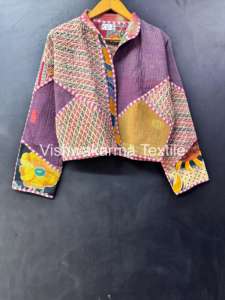 Vintage Kantha <b>Quilted</b> Jacket Women Handmade Reversible Cotton Short Autumn Winter Finished Coat - Product Image 4