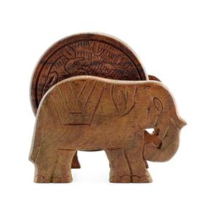 Elephant Design <b>Wooden</b> <b>Coasters</b> with Holder - Set of 6, Handcrafted in India, Great Gifts for Any Occasion - Product Image 1