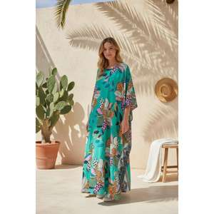 Robe maxi kaftan ample à taille naturelle, imprimée, écologique, longueur au sol, verte, pour l'été, la plage, les vacances, vêtements décontractés pour femmes - Product Image 3
