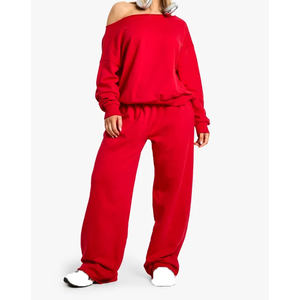 High Demand <b>Red</b> Ribbed Neckline <b>Women</b> Loopback Shoulder Raw Edge Winter Streetwear Cotton Sweatshirt Custom Logo <b>Hoodies</b> Plain - Product Image 5