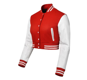 Chaqueta universitaria recortada para mujer, Mangas de cuero de primera calidad y cuerpo de lana, chaqueta de béisbol con letras para mujer, manga larga OEM - Product Image 2