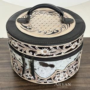 Estuche Redondo de Maquillaje de Cuero a Cuadros, Hecho a Mano, de Lujo, de Cuero Vacuno Auténtico, Organizador de Viaje para Joyas y Cosméticos - Product Image 1