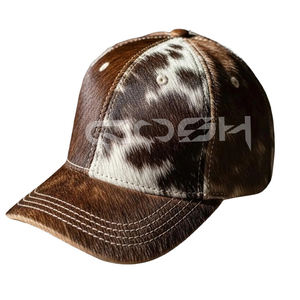 Casquette de baseball en cuir de vache brun et blanc avec poils, fabriquée à la main, réglable, style western - Product Image 1