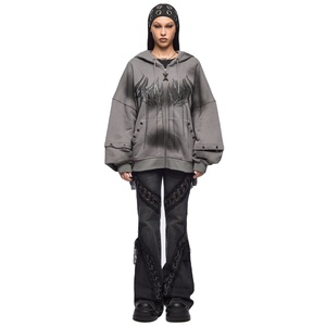 Sudadera con Capucha Extra Grande Estilo Gótico Personalizada para Mujer con Capucha Extendida y Ojales Metálicos, Sudadera con Cremallera para Mujer - Product Image 4