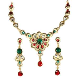 Kriaa 1100506 Conjunto de joyería fina Collar chapado en oro Kundan rojo y verde - Product Image 1