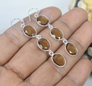 Oval Shape Natural Multi Smoky Quartz Gemstone Solid 925 Sterling <b>Silver</b> <b>Drop</b> <b>Earrings</b> Fine Jewelry 3 Stone Wedding Party - Product Image 4