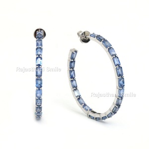 Natural Blue Sapphire 14K Solid White Gold <b>Hoop</b> <b>Earrings</b> Trendy <b>Emerald</b> Cut 5x3mm for Women's Wedding & Party Gift - Product Image 1