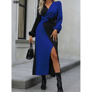 Vestido midi de crepé importado de dos tonos con cuello cruzado y detalle en la cintura, de manga larga para mujer, 38321 - Azul - Product Image 2