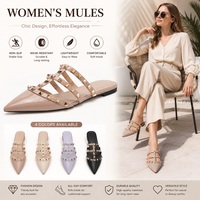 Mules plates en cuir PU pour femmes, à bout pointu, avec lanières cloutées dorées, semelle antidérapante en TPR, sandales d'été pour femmes, vente en gros