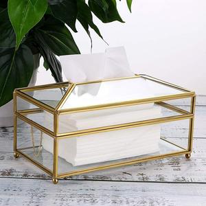 Soporte de papel tisú de latón y vidrio de forma cuadrada para decoración de mesa de hogar y oficina cajas de pañuelos dorados - Product Image 5
