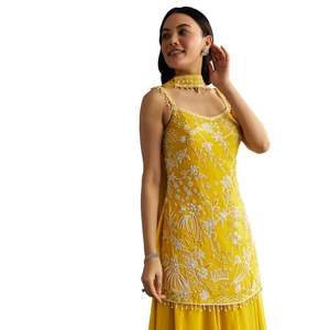 Vente de gros Costume jaune Chinon Kurta Palazzo avec tour de cou Dupatta Vêtements ethniques pour femmes Vêtements OEM Fournisseur d'usine Mode - Product Image 3