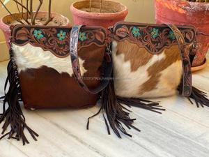 Nuevo diseño, bolso de mano de cuero, bolso de cuero con flecos de piel de vaca Real, bolso de hombro tallado, bolsos de Color turquesa bohemio para mujer - Product Image 4