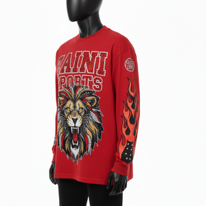 Camiseta de manga larga de algodón de alta calidad, transpirable, roja, con estampado gráfico llamativo y brillante para hombre - Product Image 4