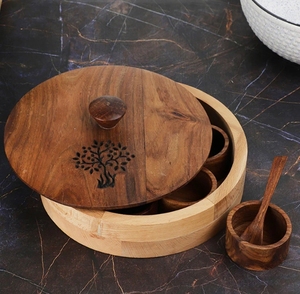 Boîte à épices arbre de vie en bois de hêtre et de sheesham Masala Dani pour 7 récipients à épices conteneur à épices avec cuillère boîte à masala en bois - Product Image 2