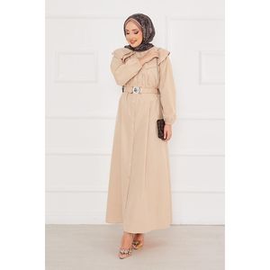 Modesto vestido básico de moda Hijab con cuello ancho cierre abotonado Beige viscosa tejida Natural cintura patrón Decoración - Product Image 4