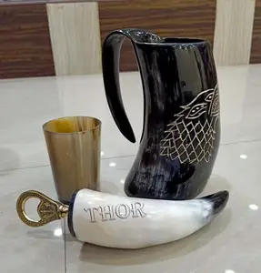 Viking-taza con cuerno de buey para beber, vaso de cristal y abridor de botellas, auténtico Mead y jarra de cerveza, diseño personalizado intricado, Juego de 3