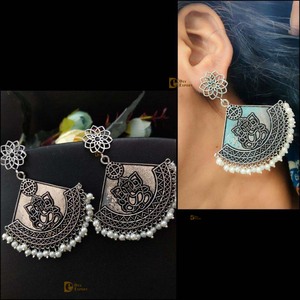 Stylish <b>Silver</b> Oxidized Chandbali Floral Ganesha <b>Earrings</b> for <b>Women</b> Girls Traditional Stud Design with Pearl Main Stone Gifts - Product Image 2