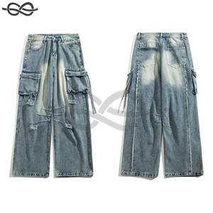 Pantalones vaqueros holgados Cargo para hombre, pantalones vaqueros rasgados de pierna recta, moda Hip Hop, estilo Grunge, ropa informal azul - Product Image 5