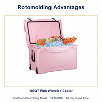 Moule de rotomoulage personnalisé OEM ODM 100QT, Glacière à roulettes rose, Moule rotatif, Glacière pour fêtes et fruits de mer, Vente directe usine