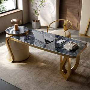 <b>White</b> Sintered Stone Executive Writing <b>Desk</b> with Gold Accents Carbon Steel Frame Abstract Curved Design 1-Year Warranty - Product Image 1