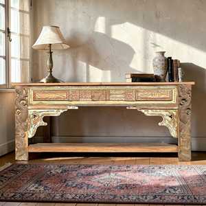 Vintage Hand-Carved <b>Console</b> <b>Table</b> Solid Wood and <b>Marble</b> with Luxury Rustic Design for Living Room Entry or Villa - Product Image 2