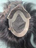 Taz Hair BD Fusion Perruque toupet en cheveux humains Remy à trame nouée à la main, base en dentelle frontale, couleur mixte 1B, patchs capillaires gris, prothèse capillaire