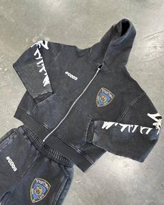 Sudadera con capucha y cremallera DTG Club lavada con ácido de algodón Premium personalizada y pantalones acampanados apilados, chándal de peso pesado - Product Image 2