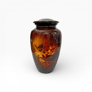 Urna Funeraria de Ámbar Cálido con Diseño de Manos de la Muerte para un Tributo Conmemorativo Emocional y Curativo - Product Image 1