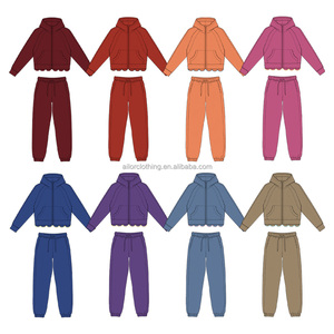Survêtement pour filles avec détails surpiqués, en mélange de coton, haut à capuche zippé et bas de jogging à cordon de serrage, faible MOQ, prix d'usine - Product Image 5