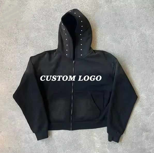 Personnalisé Heavy Cotton Boxy Oversize Hommes Cropped Full Zipper Rhinestone Hoodie Full Zip Us Thermal hoodies 100% Cotton - Product Image 5