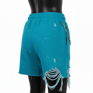 Shorts de mujer de algodón suave y poliéster con forro polar, color verde azulado, dobladillo sin rematar, elásticos, cómodos, con detalle de cadena y logotipo personalizado. - Product Image 3