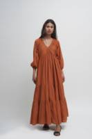 Robe longue en coton biologique, couleur beige-orange, à volants et superpositions, tunique bohème avec poches, coupe ample et confortable, tailles personnalisées