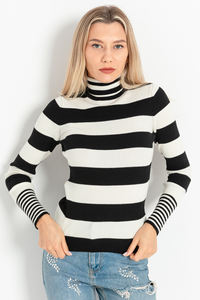 Women's Knitwear Striped <b>Turtleneck</b> Tunic Breathable Knitwear Custom OEM Service New Fashion High Quality Warm Sweater - Product Image 2