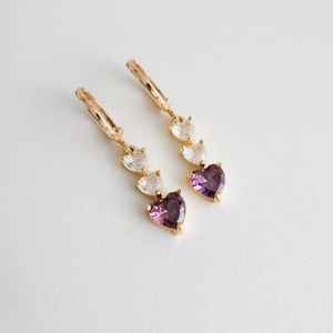 Purple Heart Amethyst Gemstone Charms 925 Silver Gold Plated Cute Dangle Earrings Vintage Style Anniversary Gift - Product Image 5