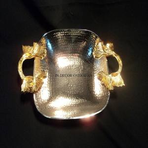 Motif à la mode arrivée en forme de coeur 2 compartiments argent brillant poli martelé Texture bol avec poignées plaquées or fournitures - Product Image 3