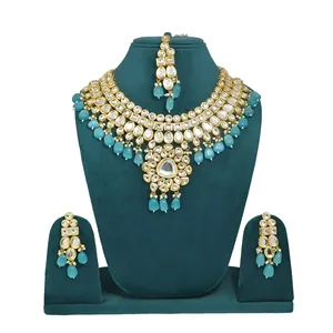 Royal kundan ชุดสร้อยคอเจ้าสาวสีฟ้าอ่อนประดับเพทายชุบทองเครื่องประดับที่ดีสำหรับงานแต่งงานเป็นของขวัญ - Product Image 1