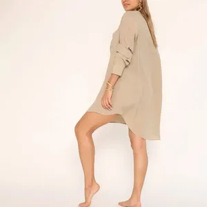 Autumn new casual solid color long sleeved cotton shirt loose single-breasted oversize long shirt dress for women