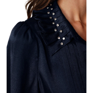 Chemise élégante tricotée à col en V Chemise plissée à manches lanterne avec strass cloutés pour femmes pour vêtements de cérémonie - Product Image 3