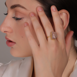 Bague en pierre précieuse de quartz rose plaquée or 18 carats faite à la main |   Bijoux pour femmes certifiés par des tiers de style bohème |   Fiançailles Mariage - Product Image 6