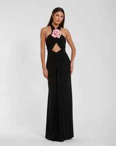Cuello Halter bordado modesto A-Line Maxi vestido adultos frente sólido rebordear perlas Natural no tejido graduación Simple hasta el suelo - Product Image 2