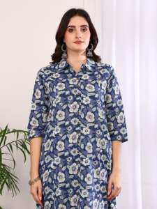 Ensemble Kurta Pantalon Dupatta en coton imprimé pour femmes, longueur mollet, col mandarin, manches trois quarts, indigo, vêtements ethniques - Product Image 2
